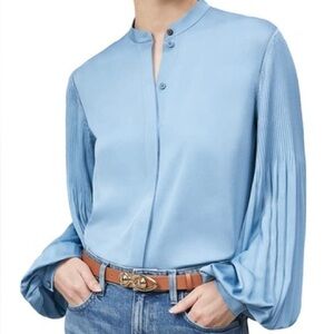 LAFAYETTE 148 Layla Plissé Sleeve Blouse In Cypress Blue